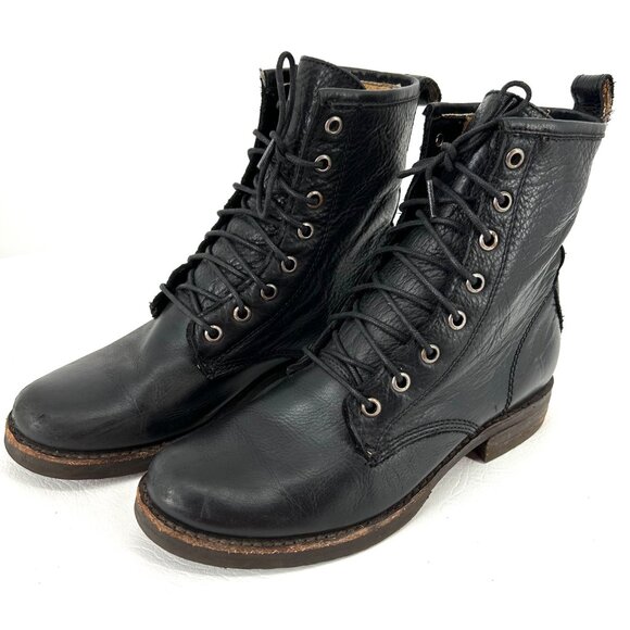 FRYE Veronica Black Lace-Up Leather Combat Boots Womens Sz 6.5 Grunge - Picture 1 of 10